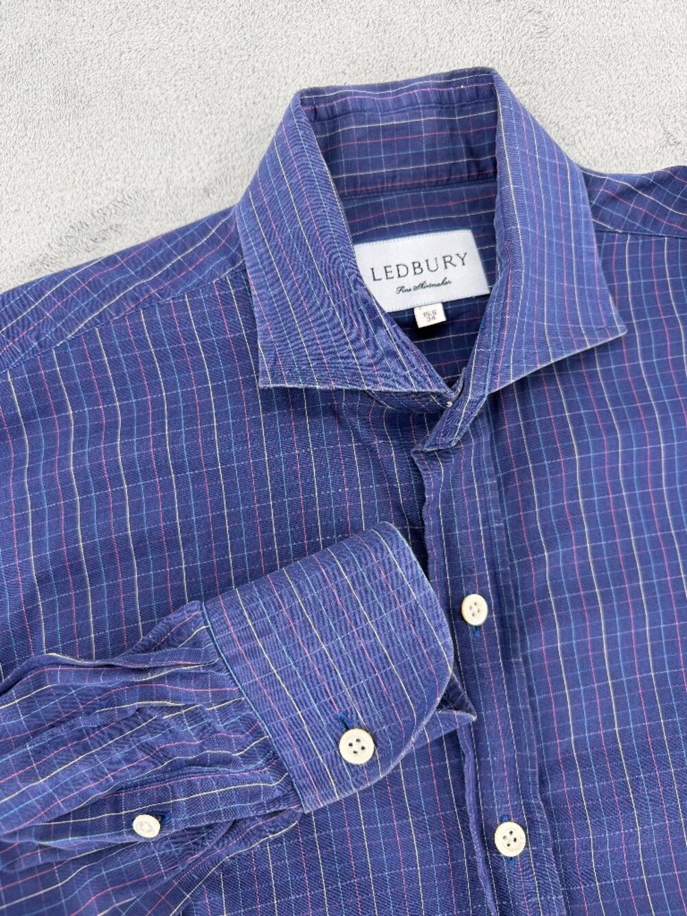 Ledbury Men’s 15.5 34 Blue Plaid Long Sleeve Dress Shirt Fine Shirtmaker